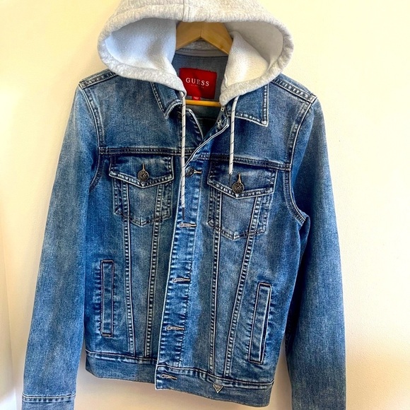 ⭐️Guess Blue Denim Jacket with Gray Hood⭐️ - Picture 3 of 13